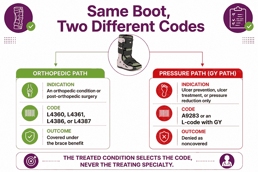Two coding paths for a walking boot depending on the condition being treated