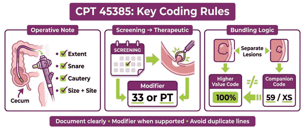CPT 45385 Key Coding Rules