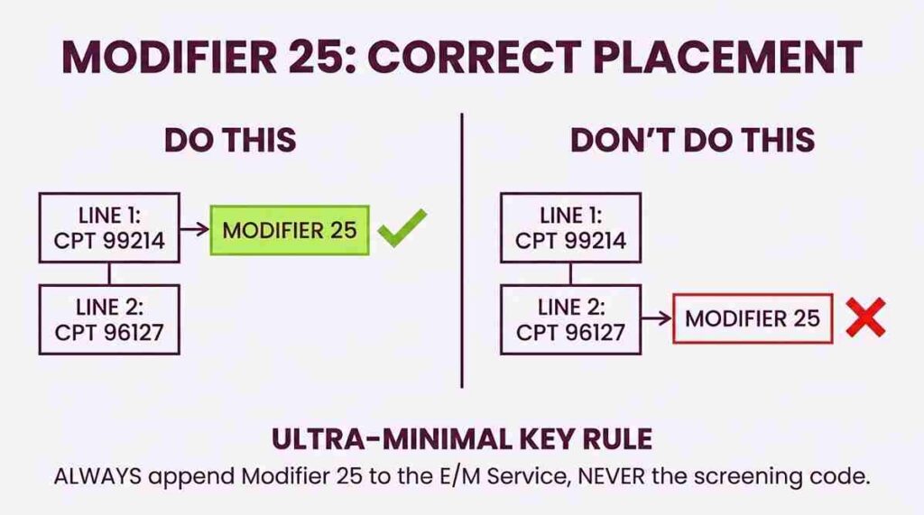 MODIFIER 25 CORRECT PLACEMENT