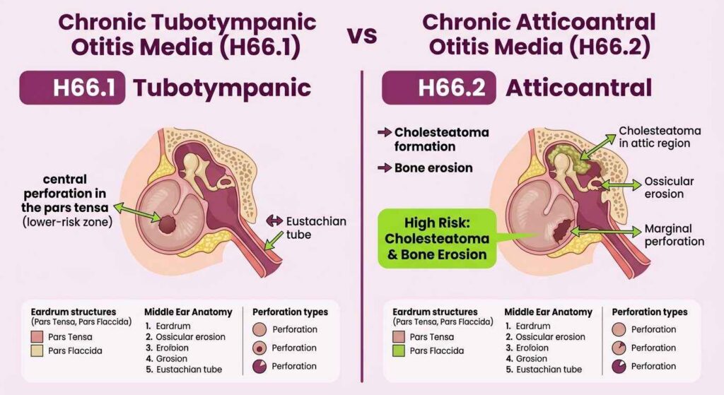 What Distinguishes Chronic Tubotympanic (H66.1) From Chronic Atticoantral (H66.2) Otitis Media?