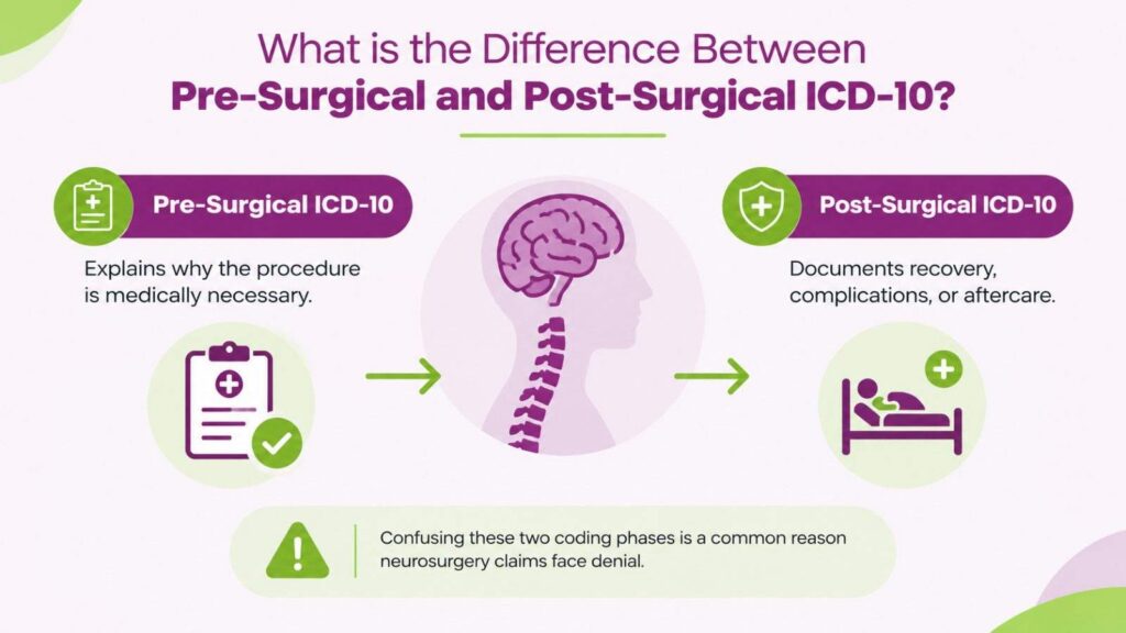 What is the difference between pre-surgical and post-surgical ICD-10