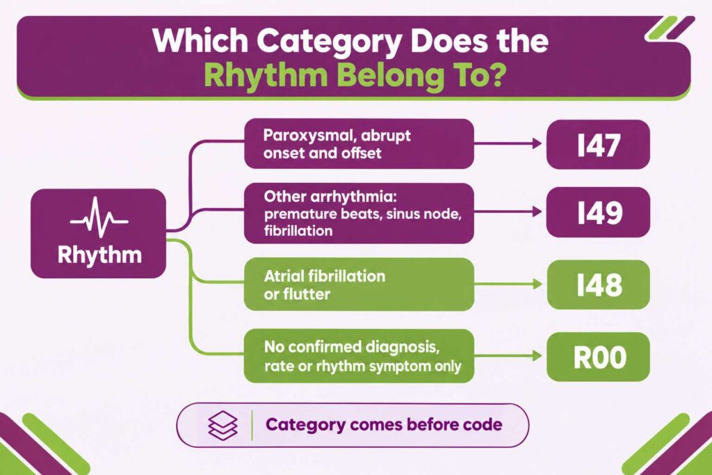 Four-way decision gate routing cardiac arrhythmia to I47, I49, I48, or R00