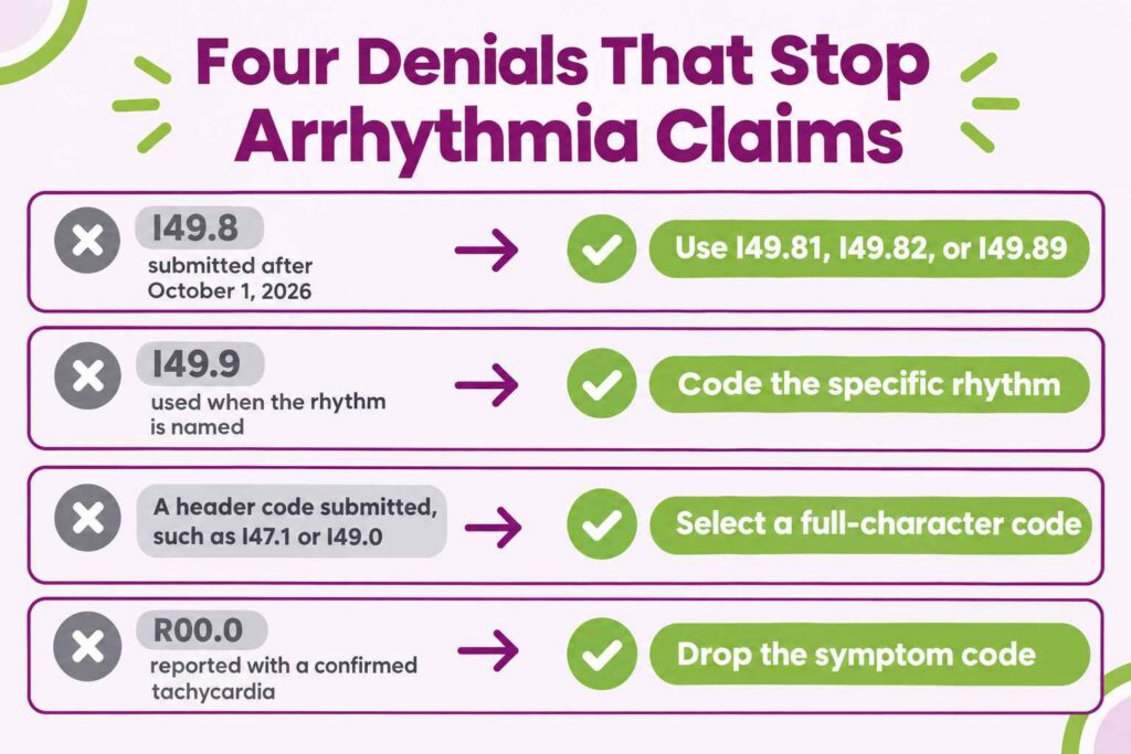 Four common arrhythmia ICD-10 denials including the retired I49.8 code and header code submission