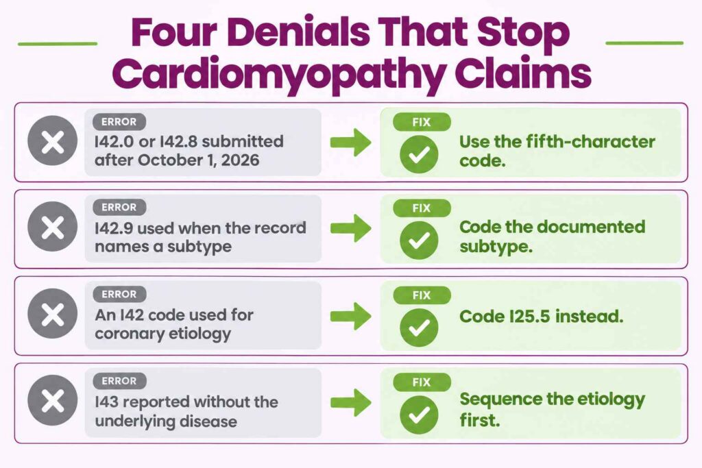 Four common cardiomyopathy ICD-10 denials including the retired I42.0 and I42.8 header codes