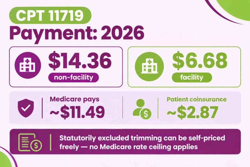 CPT 11719 cost infographic showing 2026 non-facility and facility Medicare payment with patient coinsurance