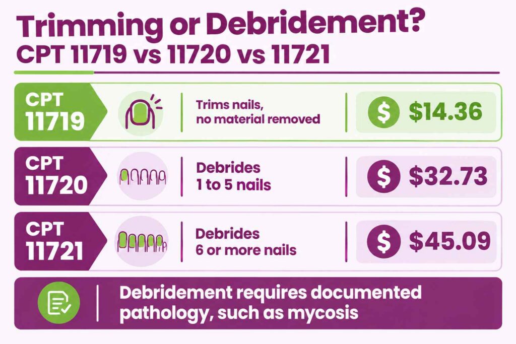 Comparison infographic distinguishing nail trimming under CPT 11719 from debridement under CPT 11720 and 11721
