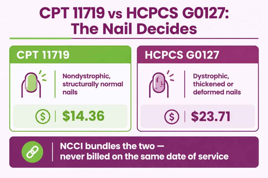 Comparison infographic of CPT 11719 for nondystrophic nails versus HCPCS G0127 for dystrophic nails