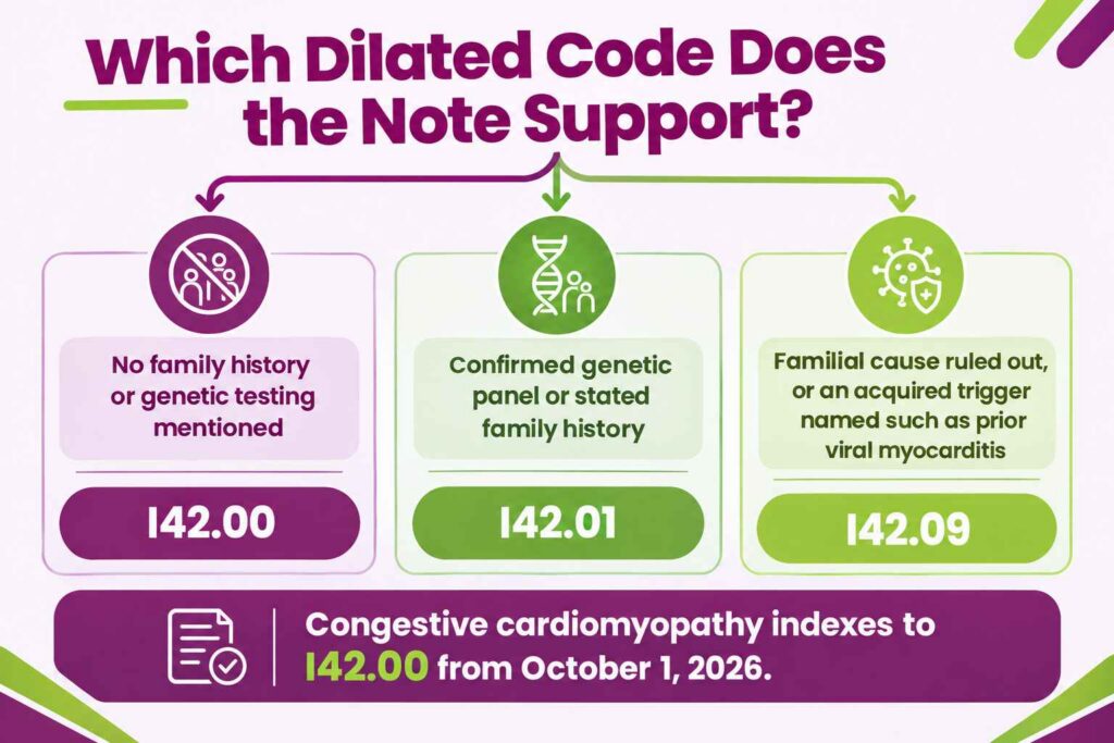 Documentation routing dilated cardiomyopathy to I42.00, I42.01, or I42.09 by familial status