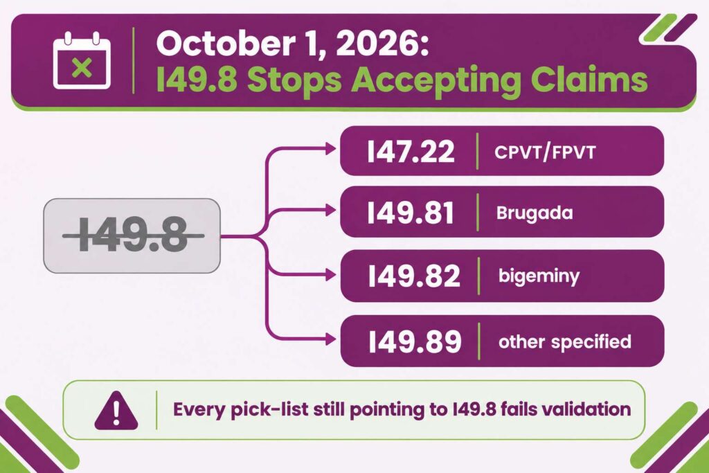 I49.8 becoming a non-billable header on October 1 2026 with four replacement codes I47.22, I49.81, I49.82, and I49.89