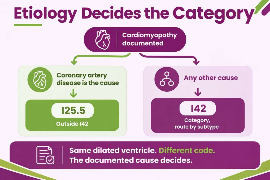 Coronary etiology routing cardiomyopathy to I25.5 versus nonischemic routing to the I42 category