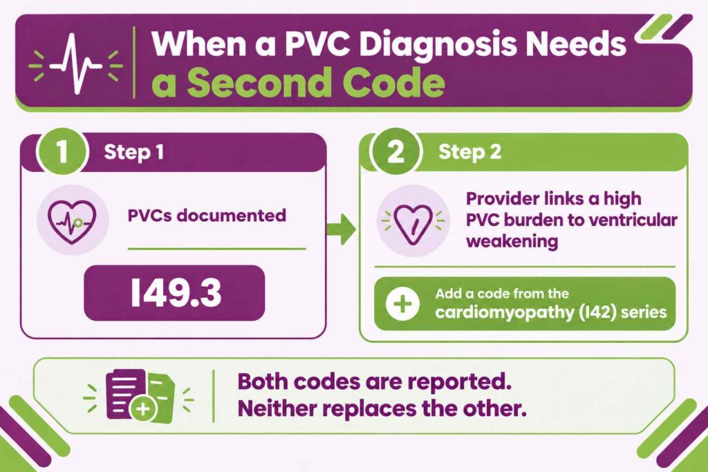 Premature ventricular contractions coding to I49.3 with an added cardiomyopathy code when PVC burden causes myocardial disease