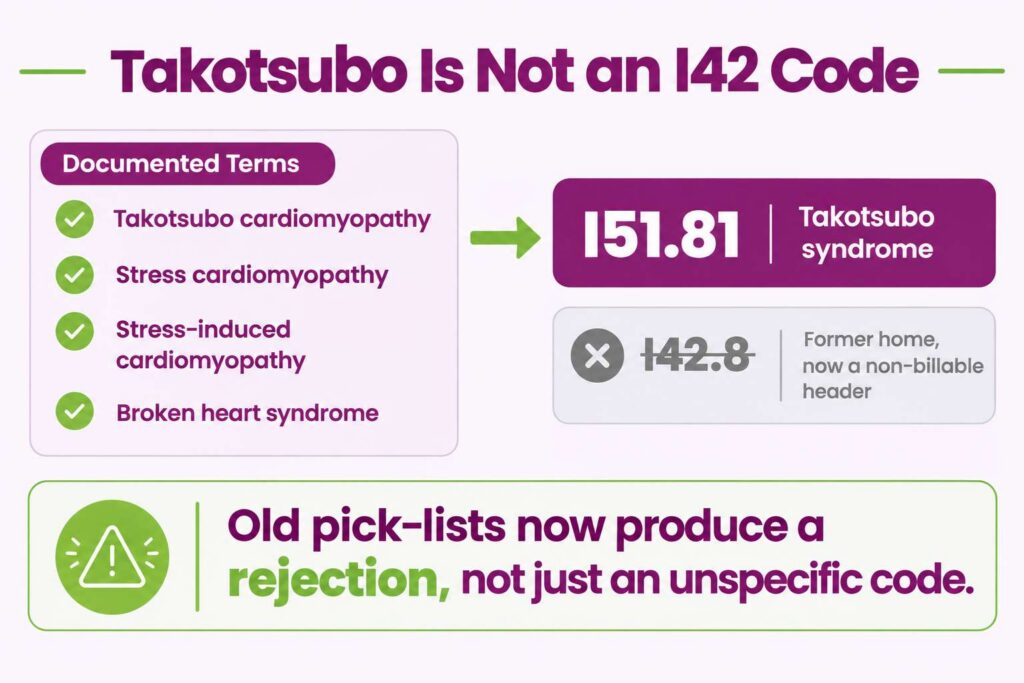 Takotsubo and stress cardiomyopathy coding to I51.81 rather than the retired I42.8