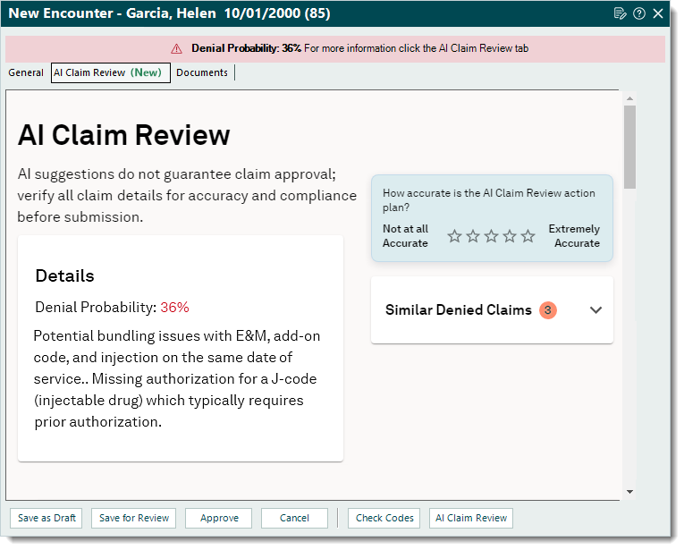 Tebra AI Claim Review showing a 36 percent denial probability with bundling and prior authorization findings