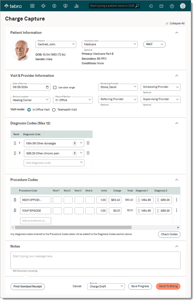 Tebra charge capture screen showing SALT, diagnosis codes, procedure codes, Check Codes, and Send To Billing