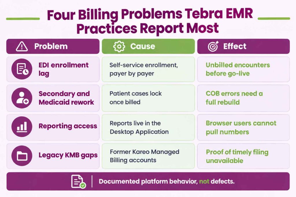 Four documented Tebra EMR billing problems with their causes