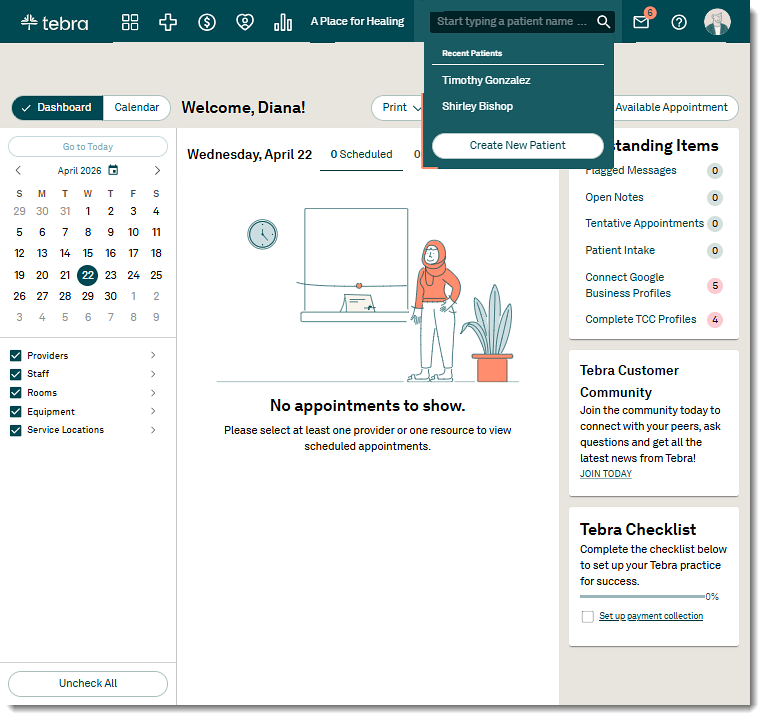 Tebra EMR top navigation bar showing Platform, Clinical, Billing, Patient Experience, and Analytics module icons