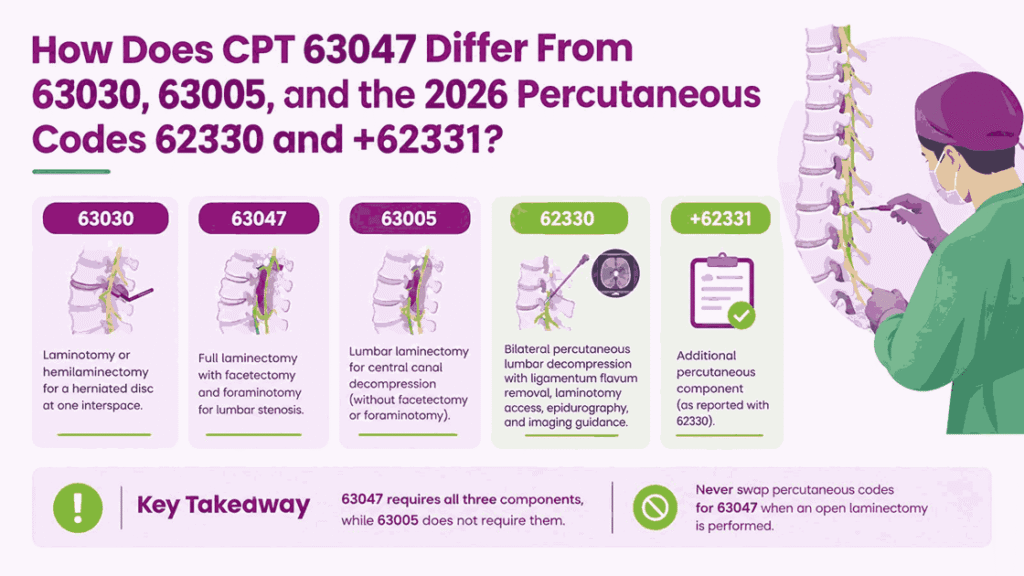 How Does CPT 63047 Differ From 63030, 63005, and the 2026 Percutaneous Codes 62330 and +62331