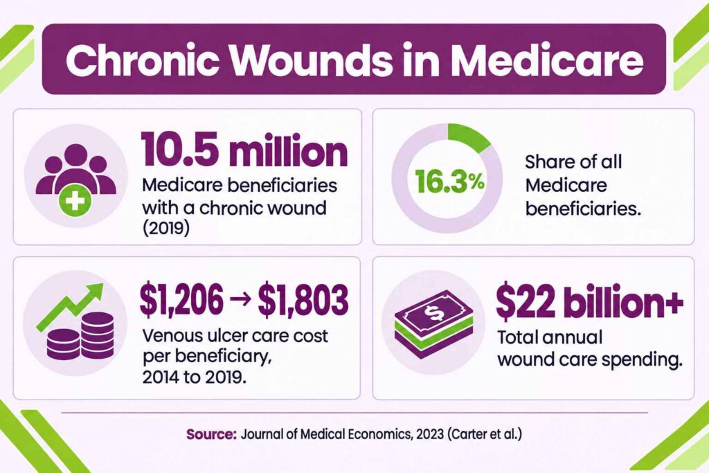 Chronic wound statistics for Medicare beneficiaries, including prevalence, venous ulcer costs, and total spending