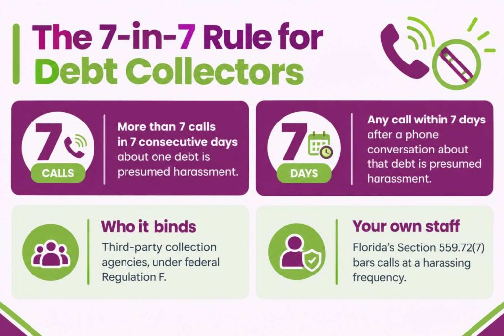 The 7-in-7 rule for debt collectors under Regulation F and how Florida’s FCCPA applies to a practice’s own staff