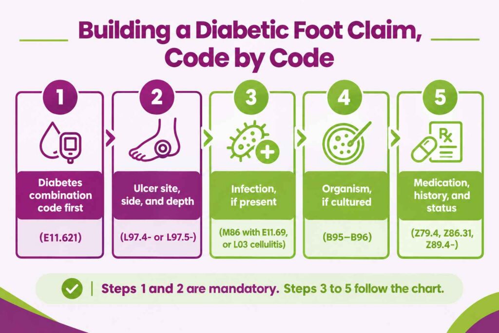 Five-step diabetic foot claim coding sequence from E11.621 and L97 through infection, organism, and Z codes