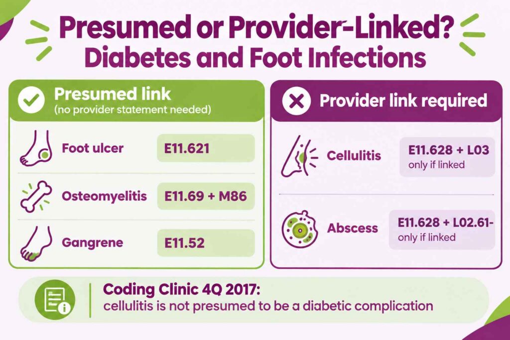 Which diabetic foot infections ICD-10-CM presumes are linked to diabetes and which require provider documentation