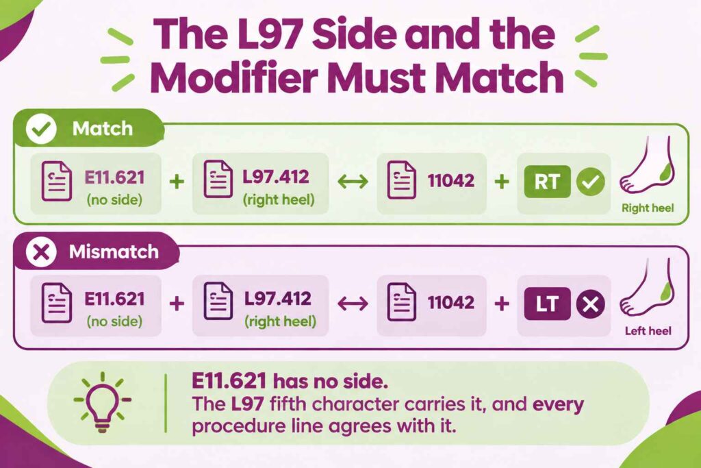 Laterality agreement between diabetic foot ulcer code L97.412 and the RT or LT modifier on debridement