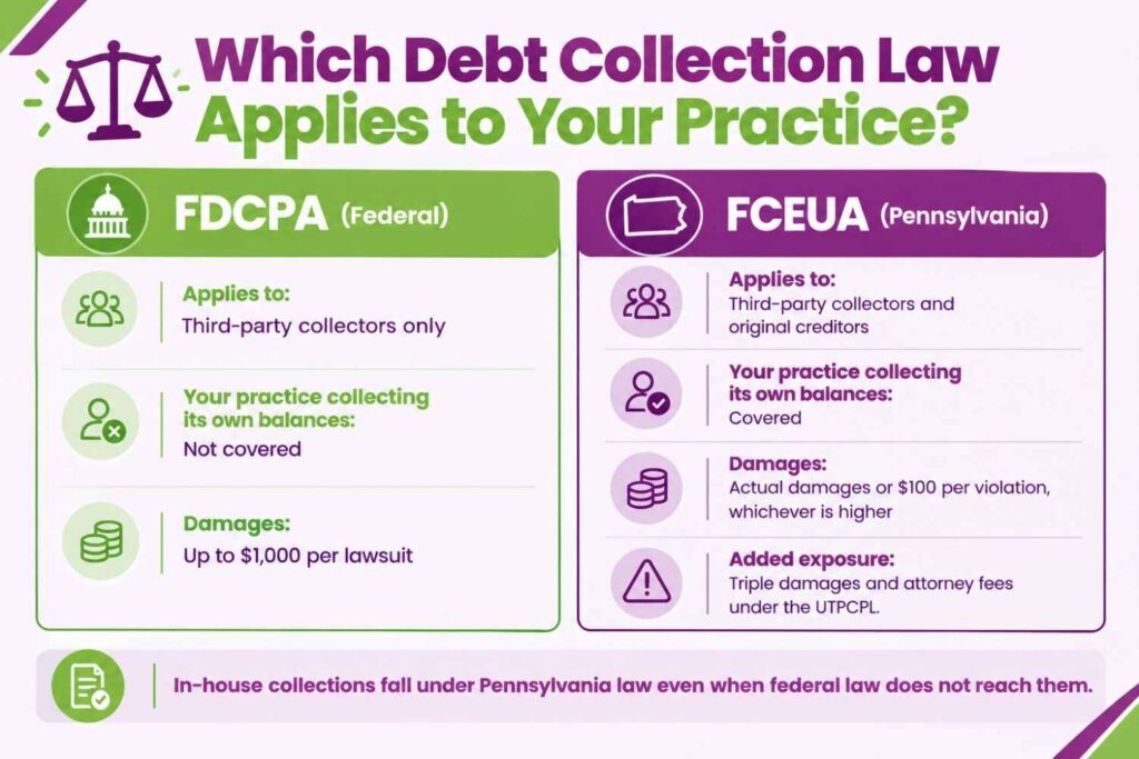 Comparison of the federal FDCPA and Pennsylvania FCEUA showing which debt collection rules apply to original creditors