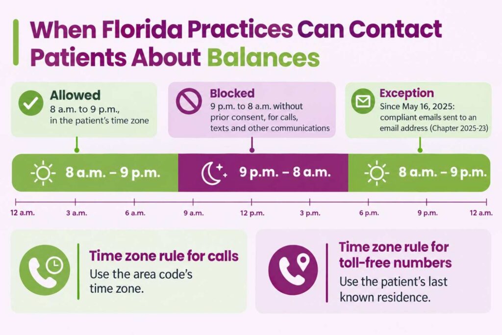 Florida debt collection laws contact hours for medical practices, showing the 8 a.m. to 9 p.m. window and the 2025 email exception