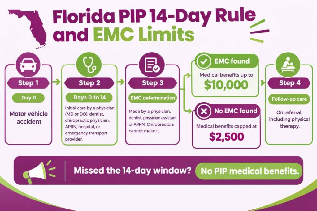 Florida PIP 14-day rule flow showing initial care providers, EMC determination, and the $10,000 and $2,500 benefit limits