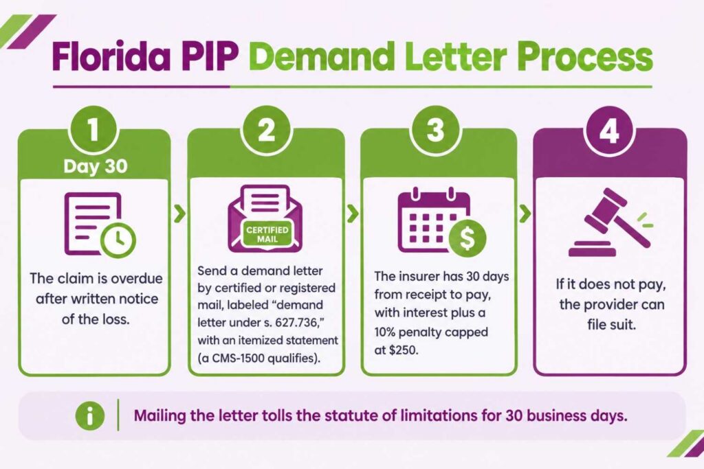 Florida PIP demand letter process from an overdue claim through the 30-day insurer cure period to suit