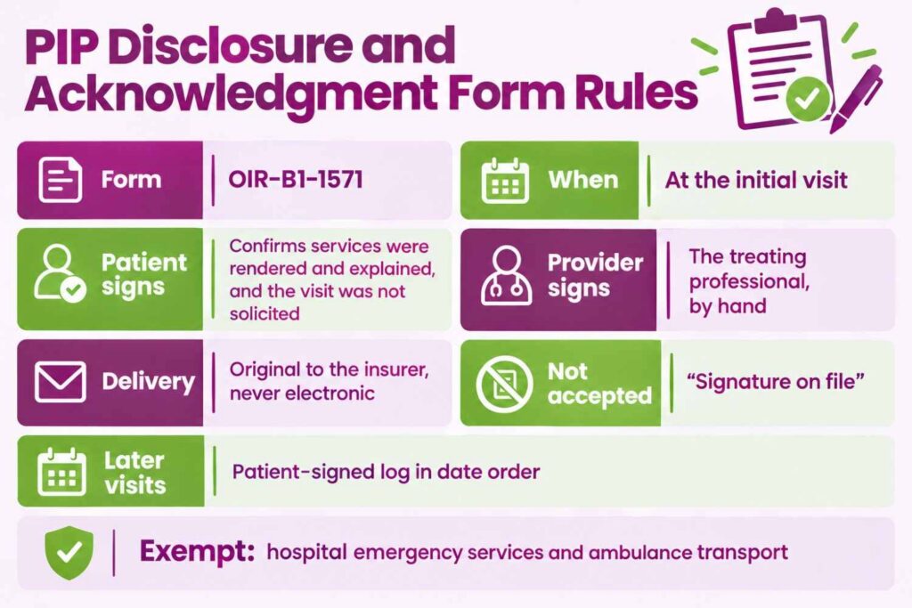 Florida PIP disclosure and acknowledgment form rules covering Form OIR-B1-1571, signatures, delivery, and the patient log