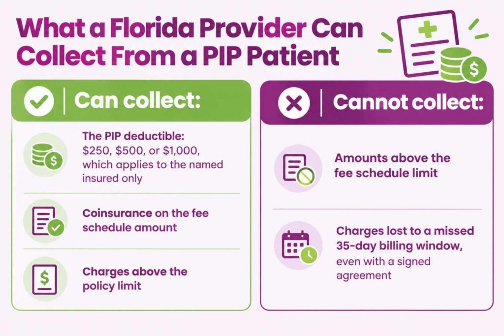 Comparison of what a Florida provider can and cannot collect from a PIP patient under Section 627.736