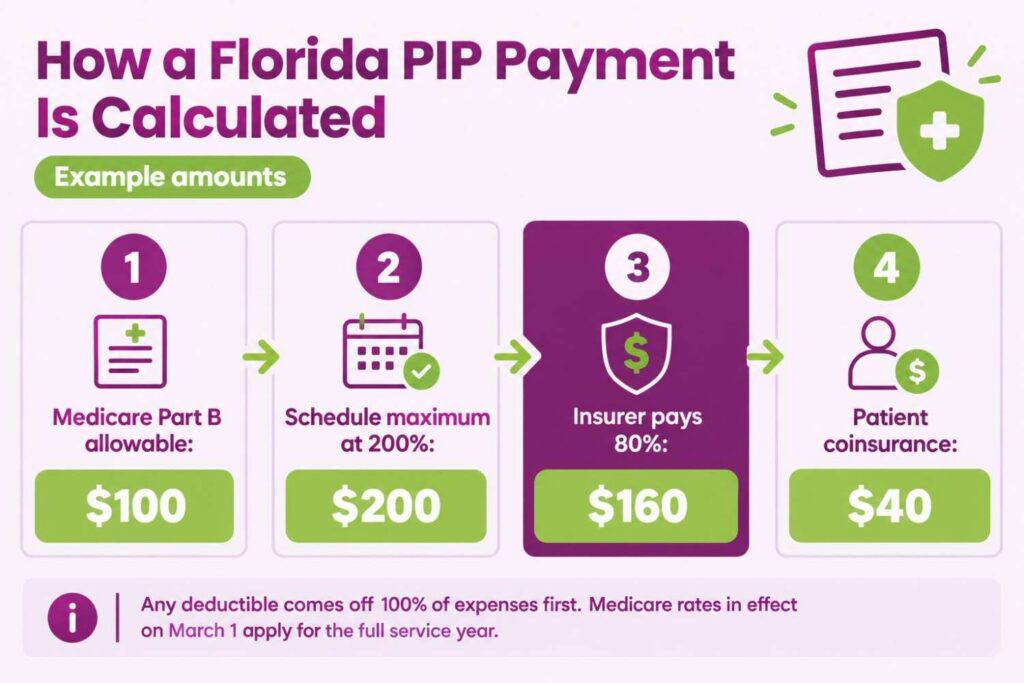 Florida PIP payment calculation from the Medicare allowable to 200% schedule maximum, 80% insurer payment, and patient coinsurance