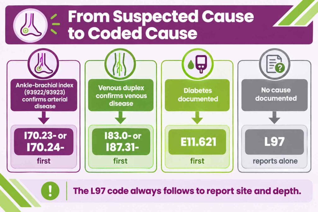 How vascular testing and documentation determine which cause code sequences before the L97 foot ulcer code