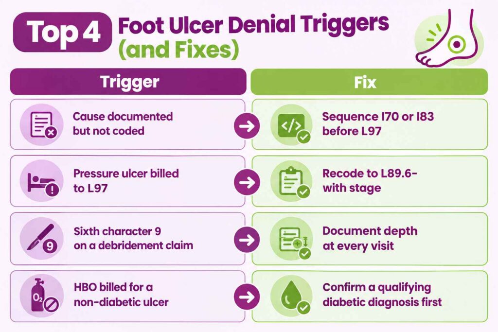 Four common foot ulcer coding denial triggers and fixes for cause codes, pressure ulcers, depth, and hyperbaric oxygen