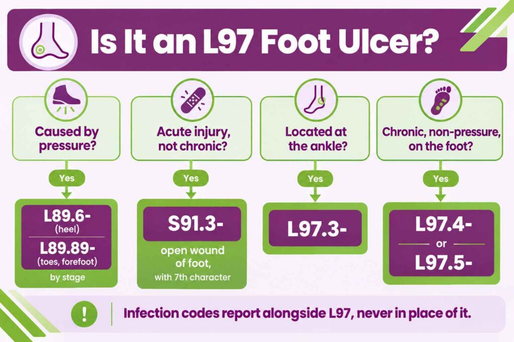 Decision path separating L97 foot ulcers from L89 pressure ulcers, S91.3 acute wounds, and L97.3 ankle ulcers