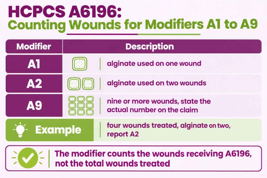 Key-value infographic explaining modifiers A1 through A9 count only the wounds receiving HCPCS A6196, with a two-of-four-wounds example