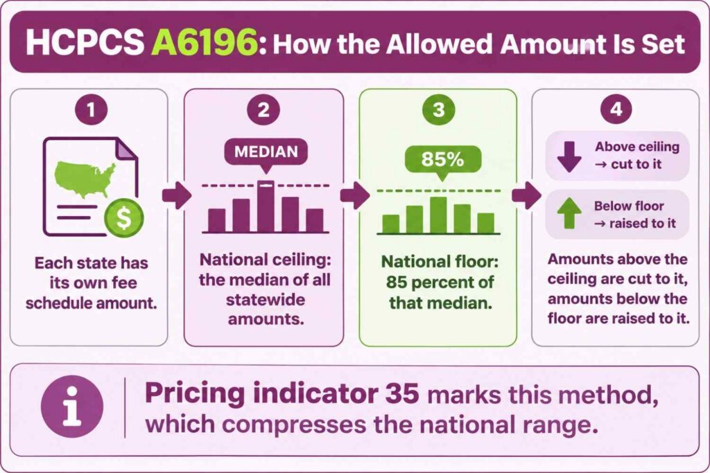 Process-flow infographic showing how statewide fee amounts are limited by a national ceiling and floor for HCPCS A6196