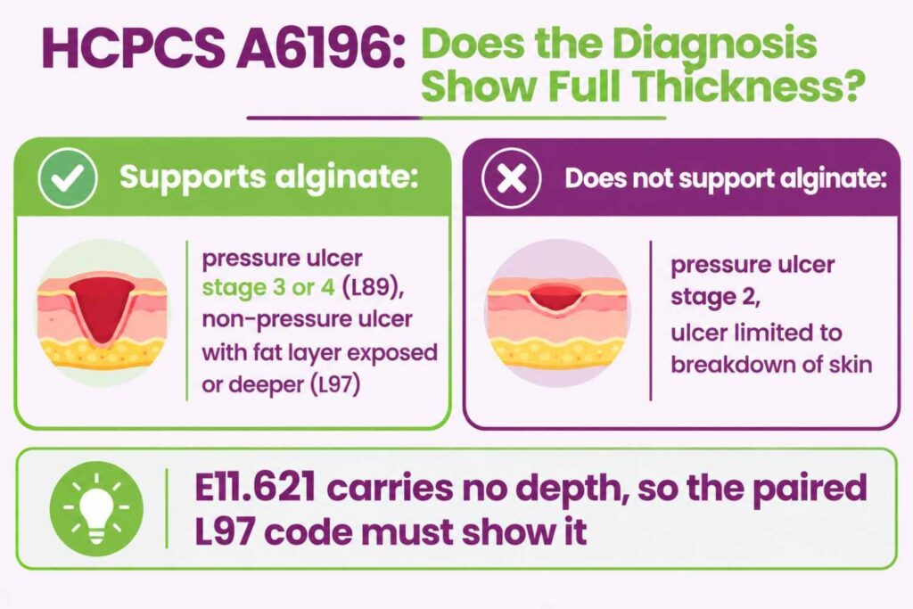 Comparison infographic showing which pressure ulcer stages and L97 depth characters support an alginate dressing under HCPCS A6196