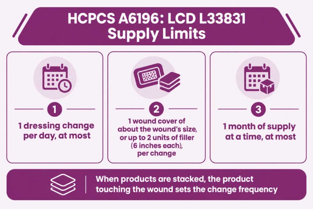 Stat-grid infographic of LCD L33831 limits for HCPCS A6196: one change per day, one cover or two filler units per change, one month of supply