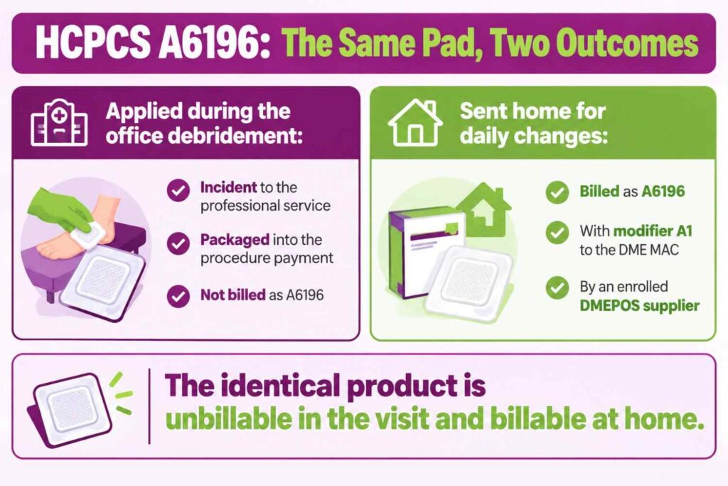 Comparison infographic showing an alginate pad applied in the office is packaged into the procedure payment while the same pad sent home bills as HCPCS A6196