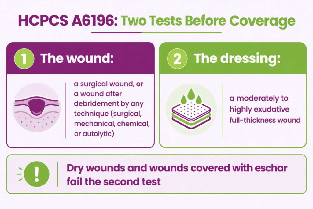 Comparison infographic showing HCPCS A6196 requires a qualifying surgical or debrided wound and a moderately to highly exudative full-thickness wound