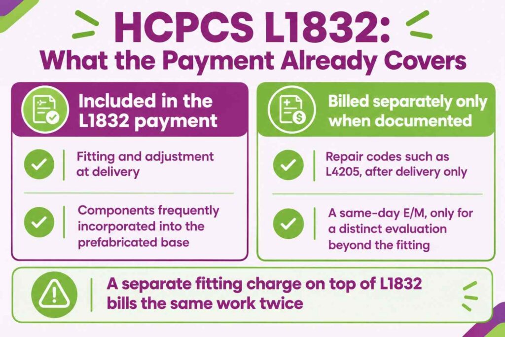 Comparison infographic showing which services are included in the HCPCS L1832 payment and which bill separately
