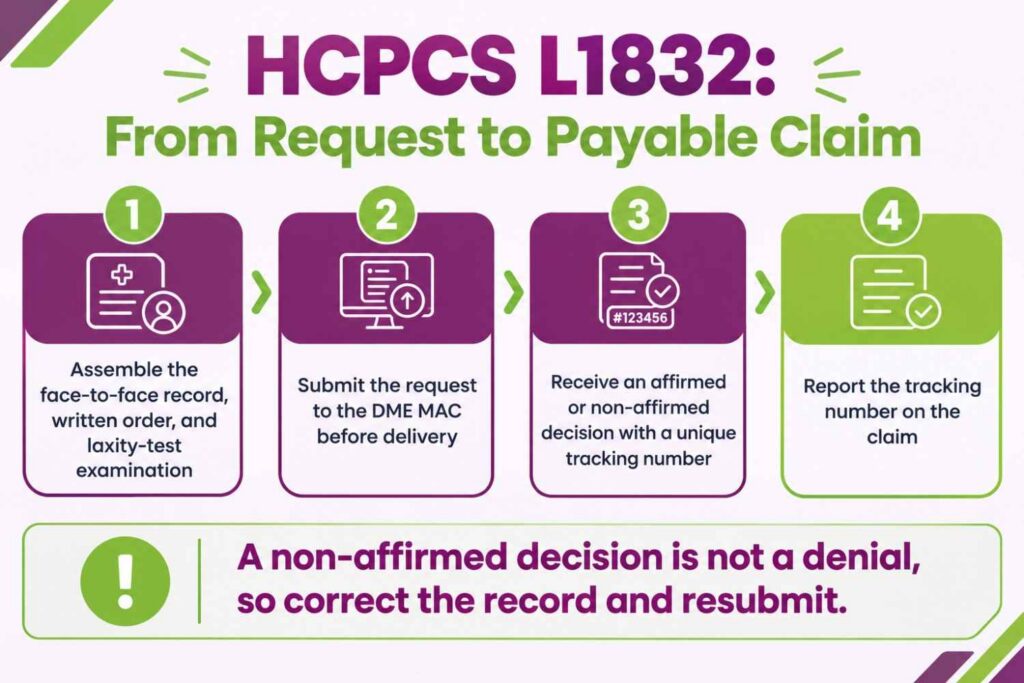 Process-flow infographic of the HCPCS L1832 prior authorization workflow from record assembly to reporting the tracking number