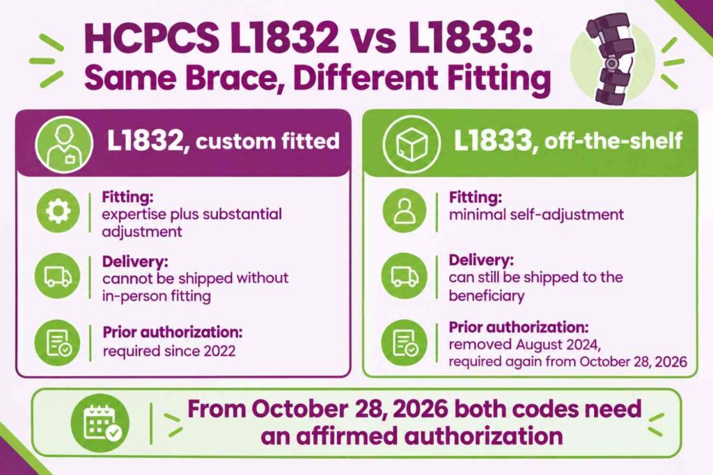 Comparison infographic of HCPCS L1832 and L1833 by fitting, delivery method, and prior authorization status
