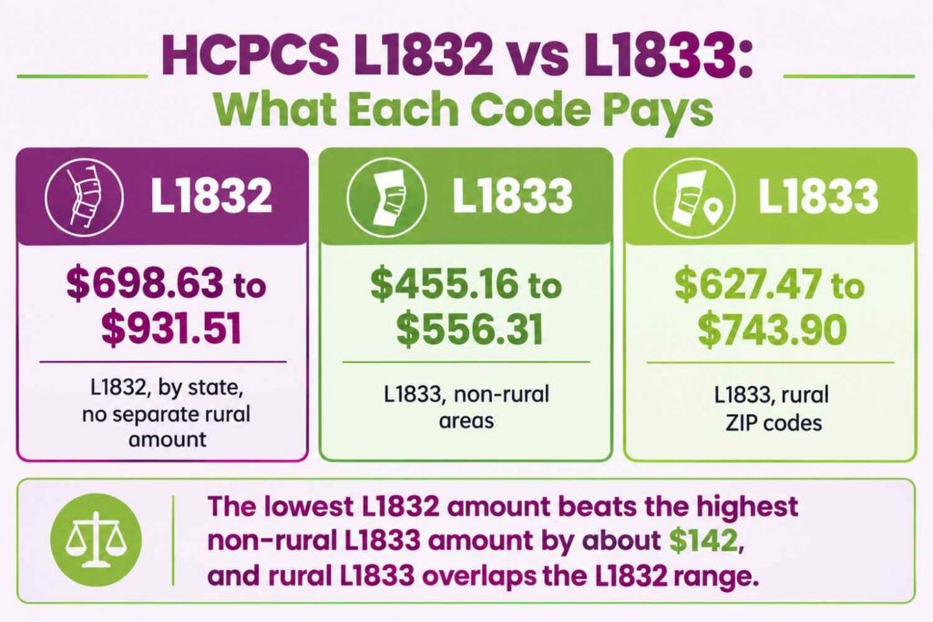 Stat-grid infographic comparing HCPCS L1832 payment by state with L1833 non-rural and rural payment ranges