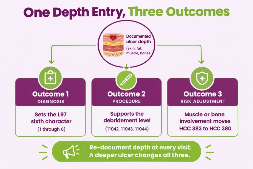 How documented diabetic foot ulcer depth drives the L97 code, debridement CPT code, and HCC category
