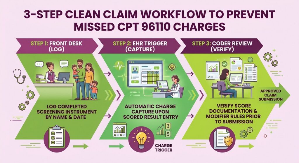 3-STEP CLEAN CLAIM WORKFLOW TO PREVENT MISSED CPT 96110 CHARGES