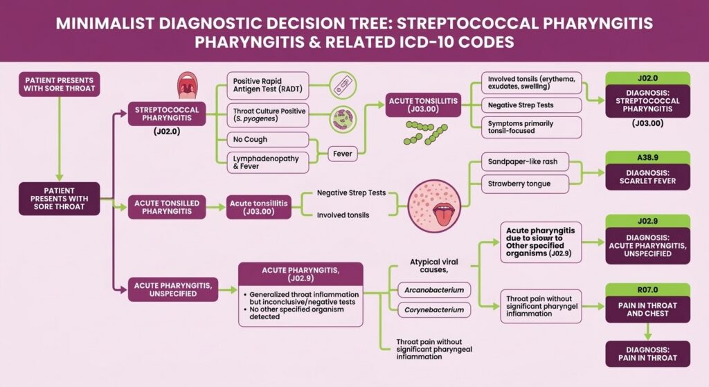 Minimalist Diagnostic tree: streptococcal pharyngitis & Related ICD-10 Codes