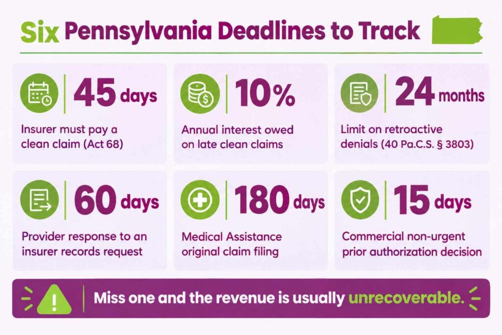 Six Pennsylvania medical billing deadlines including 45-day prompt pay, 24-month recoupment limit, and 180-day Medicaid filing